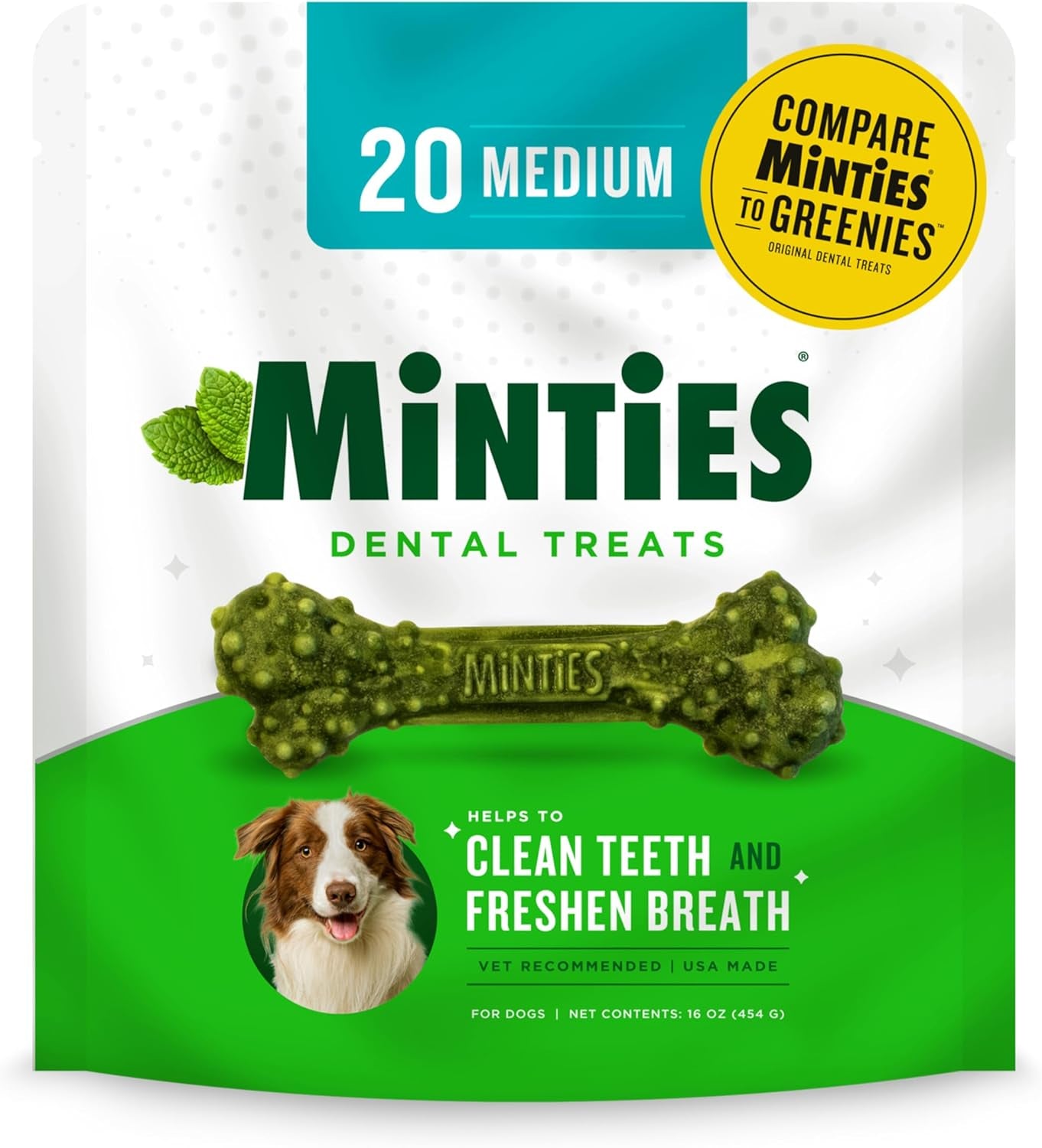 Dental Chews for Dogs, 20 Count, Vet-Recommended Mint-Flavored Dental Treats for Medium Dogs 25-50 Lbs, Dental Bones Clean Teeth, Fight Bad Breath, and Removes Plaque and Tartar