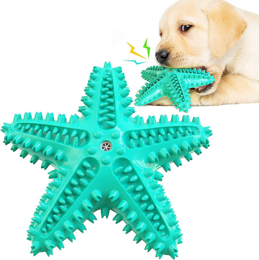 Squeaky Dog Chew Toys for Aggressive Chewers- Dog Toothbrush Toy Durable Chew Sticks for Puppies Teething- Rubber Floating Toy Interactive Puppy Tots Toy for Training Small Medium Dogs (Blue Starfish)