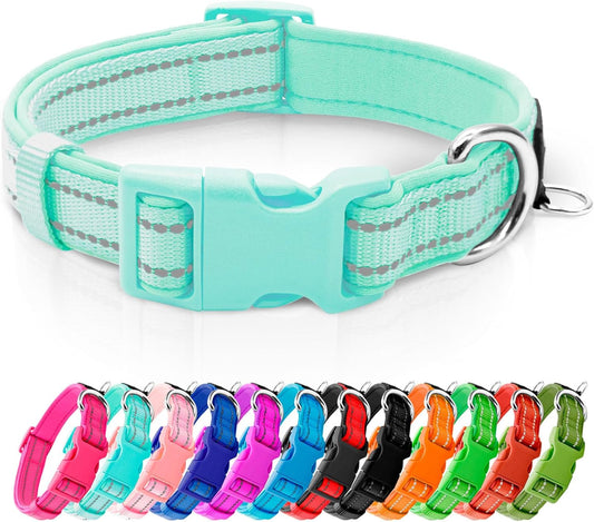 Reflective Dog Collar,Soft Neoprene Padded Pet Collar with ID Tag Ring,Adjustable for Small Dogs,Teal,S