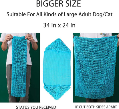 Chenille Dog Towel, Super Absorbent Microfiber Dog Towels for Drying Dogs Cats, Quick Drying Dog Bath Towel with Hand Pockets, Machine Washable (X-Large, 34X24, Blue)