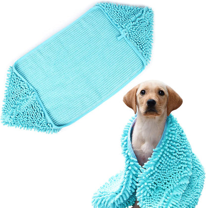 Chenille Dog Towel, Super Absorbent Microfiber Dog Towels for Drying Dogs Cats, Quick Drying Dog Bath Towel with Hand Pockets, Machine Washable (X-Large, 34X24, Blue)