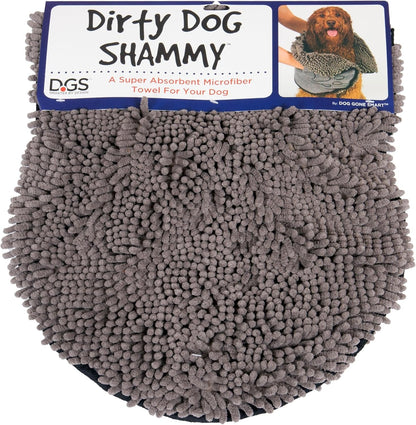 the Dirty Dog Shammy - Fast Drying Dog Bath Towel - Plush Shammy Towel for Dog with Dual Hand Pockets and Elastic - Super Absorbent Microfiber and Machine Washable - Grey